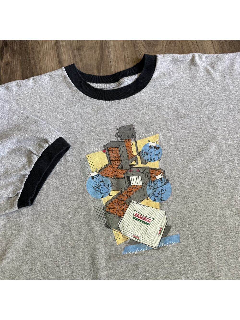 Vintage Krispy Kreme Donuts T-Shirt Men's Size XL Snack Promo 90s Gray Ringer